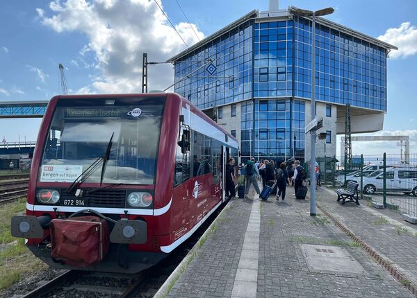 Passengers get off at the Sassnitz ferry terminal